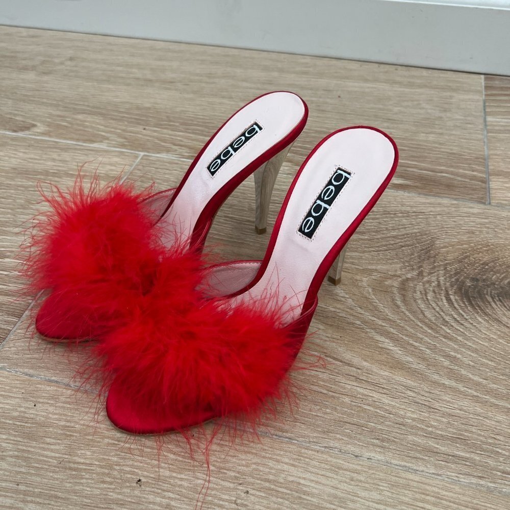 Vintage 1990's/Y2K Bebe Red Feather Heeled Mules - Picture 3 of 8